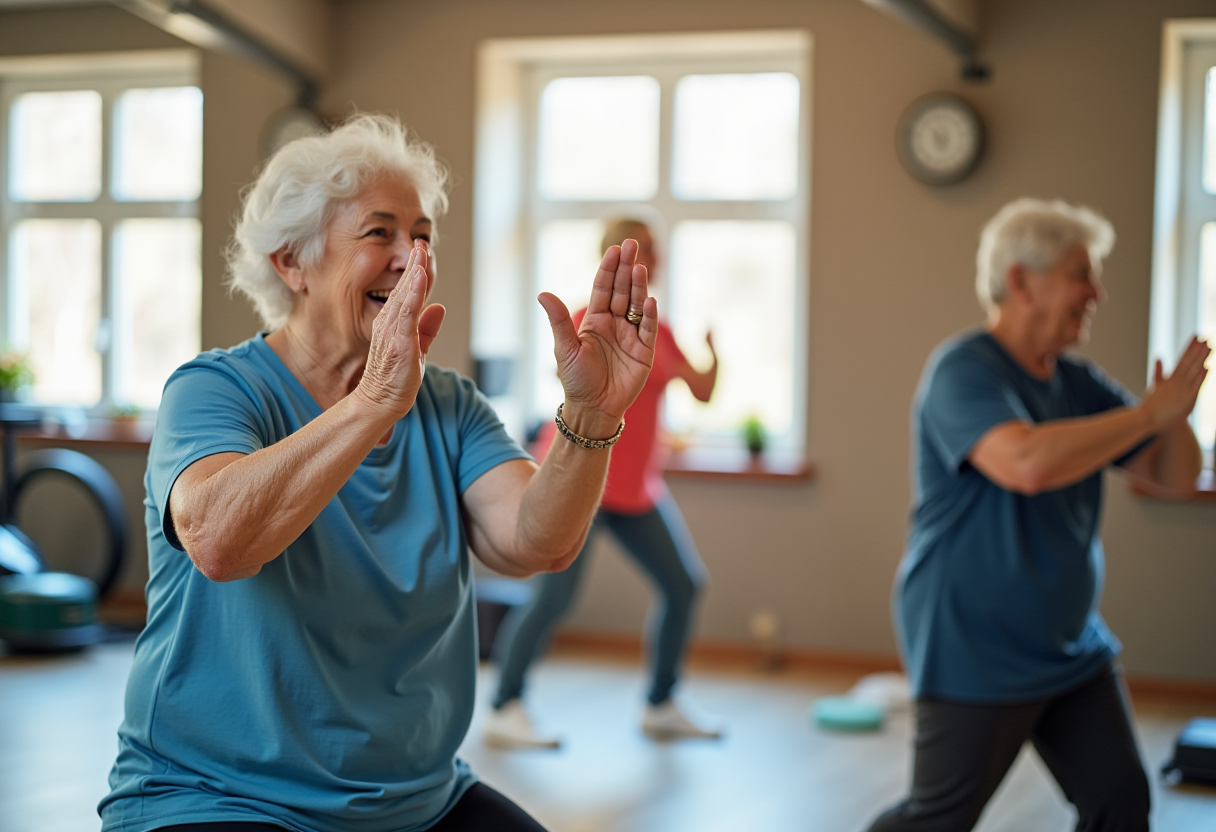 Група от възрастни хора упражняват йога на открито